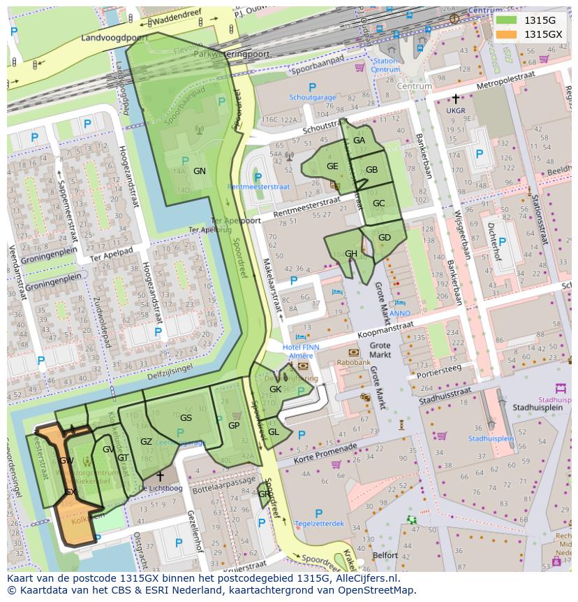 Afbeelding van het postcodegebied 1315 GX op de kaart.