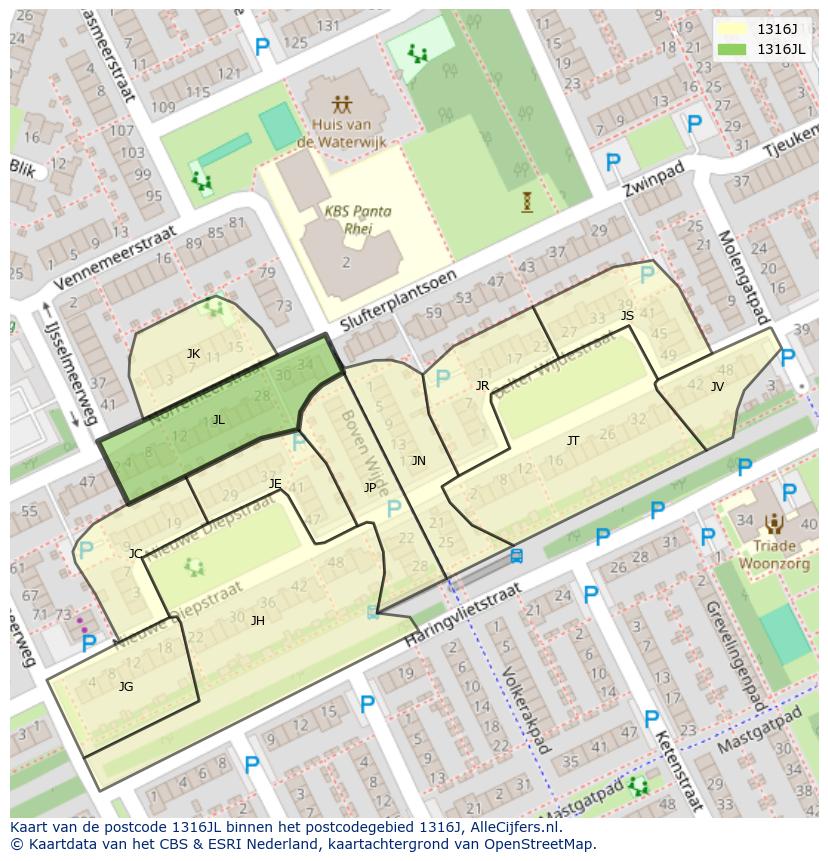 Afbeelding van het postcodegebied 1316 JL op de kaart.