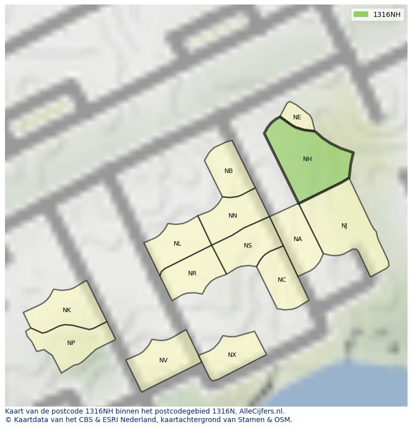 Afbeelding van het postcodegebied 1316 NH op de kaart.