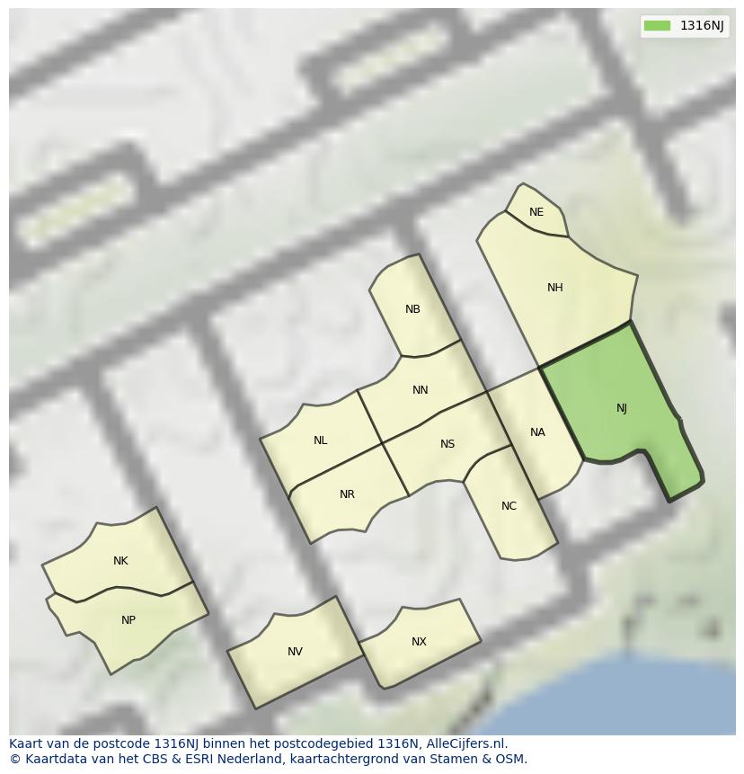 Afbeelding van het postcodegebied 1316 NJ op de kaart.