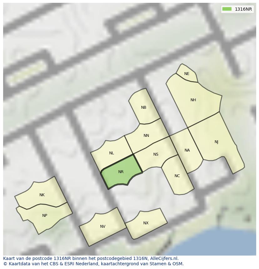 Afbeelding van het postcodegebied 1316 NR op de kaart.