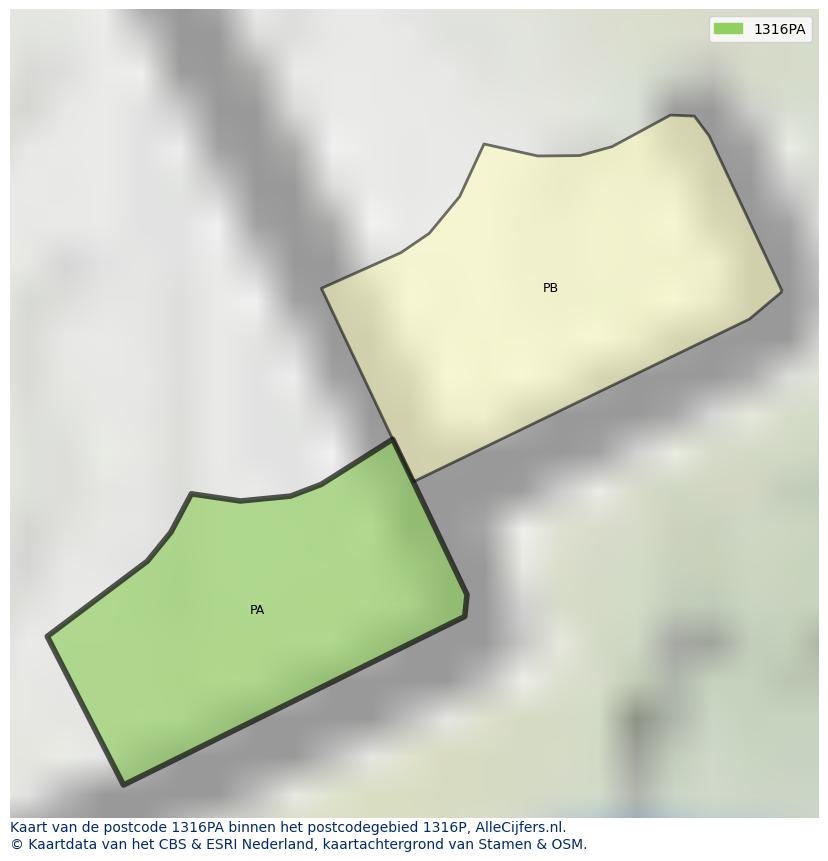 Afbeelding van het postcodegebied 1316 PA op de kaart.
