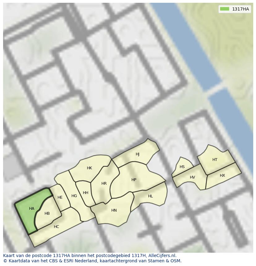 Afbeelding van het postcodegebied 1317 HA op de kaart.