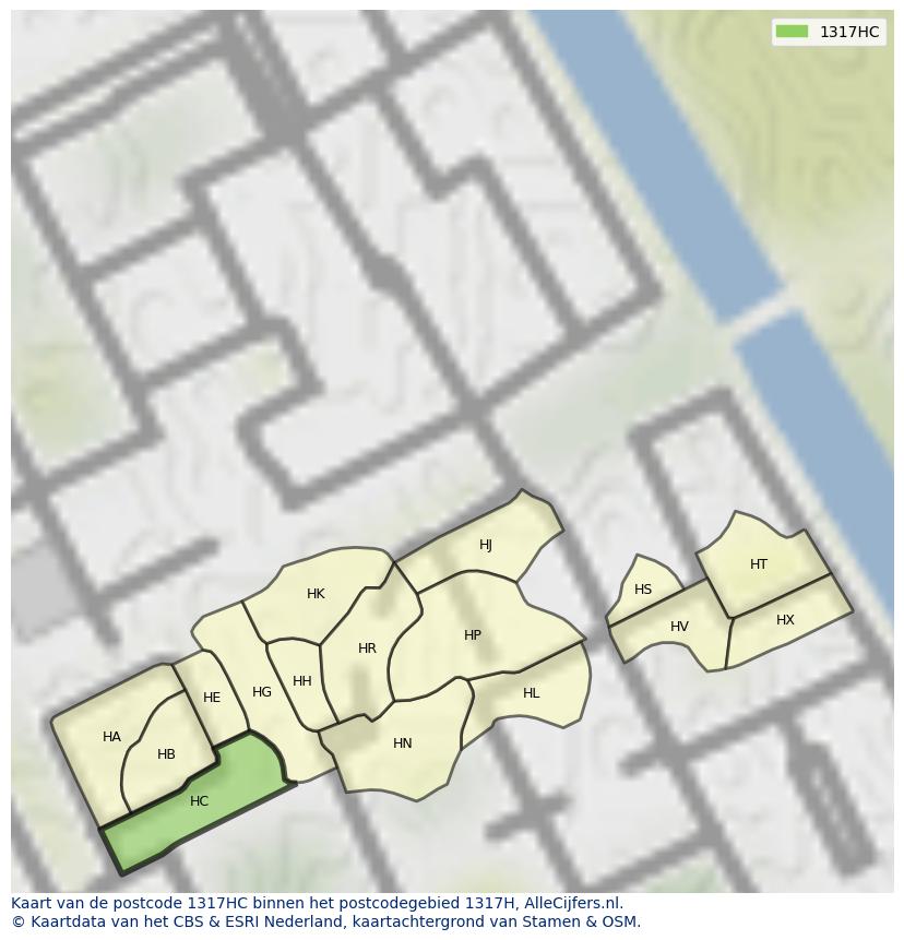 Afbeelding van het postcodegebied 1317 HC op de kaart.