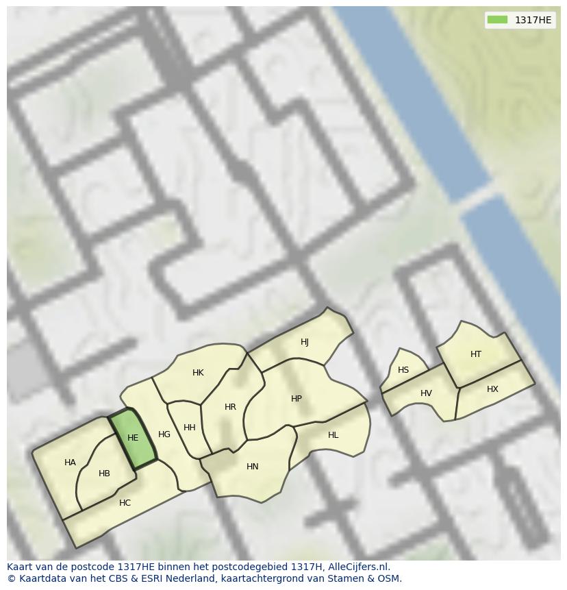 Afbeelding van het postcodegebied 1317 HE op de kaart.