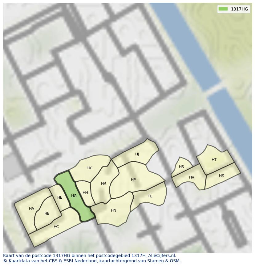 Afbeelding van het postcodegebied 1317 HG op de kaart.