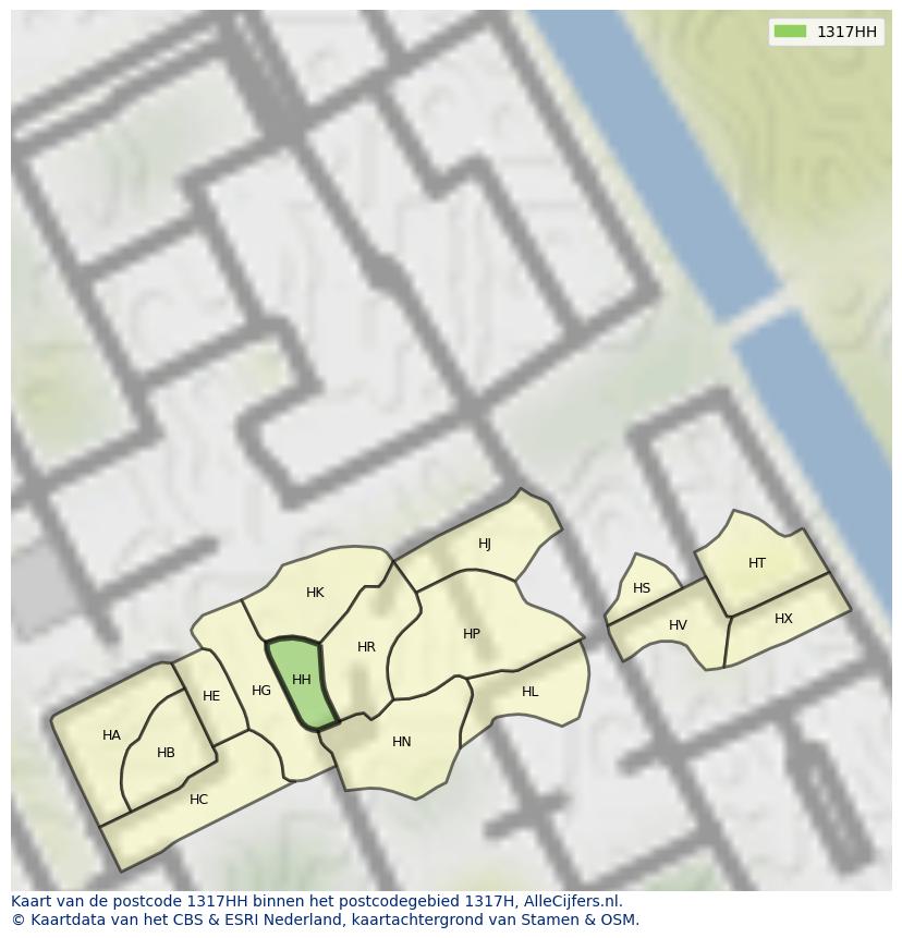 Afbeelding van het postcodegebied 1317 HH op de kaart.