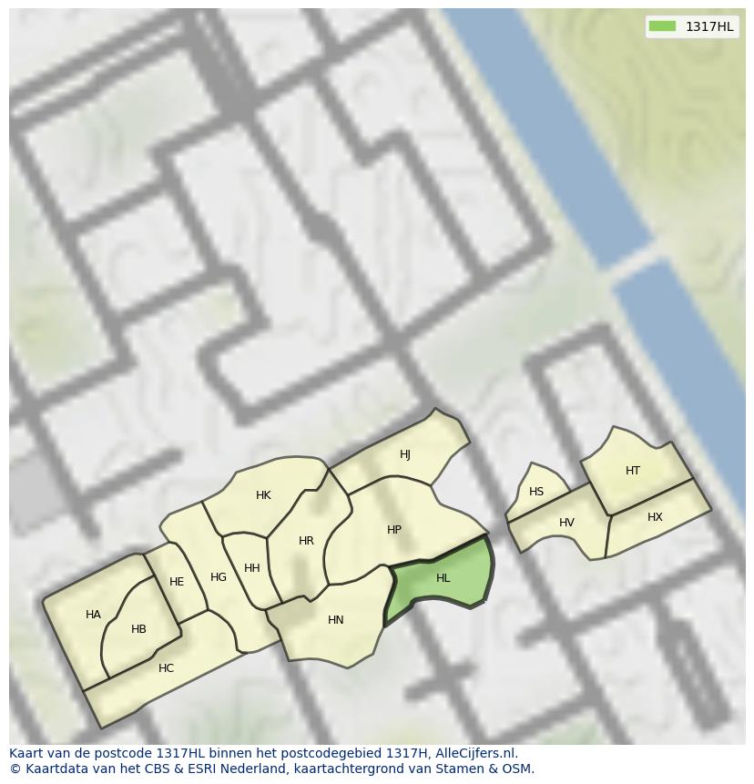 Afbeelding van het postcodegebied 1317 HL op de kaart.