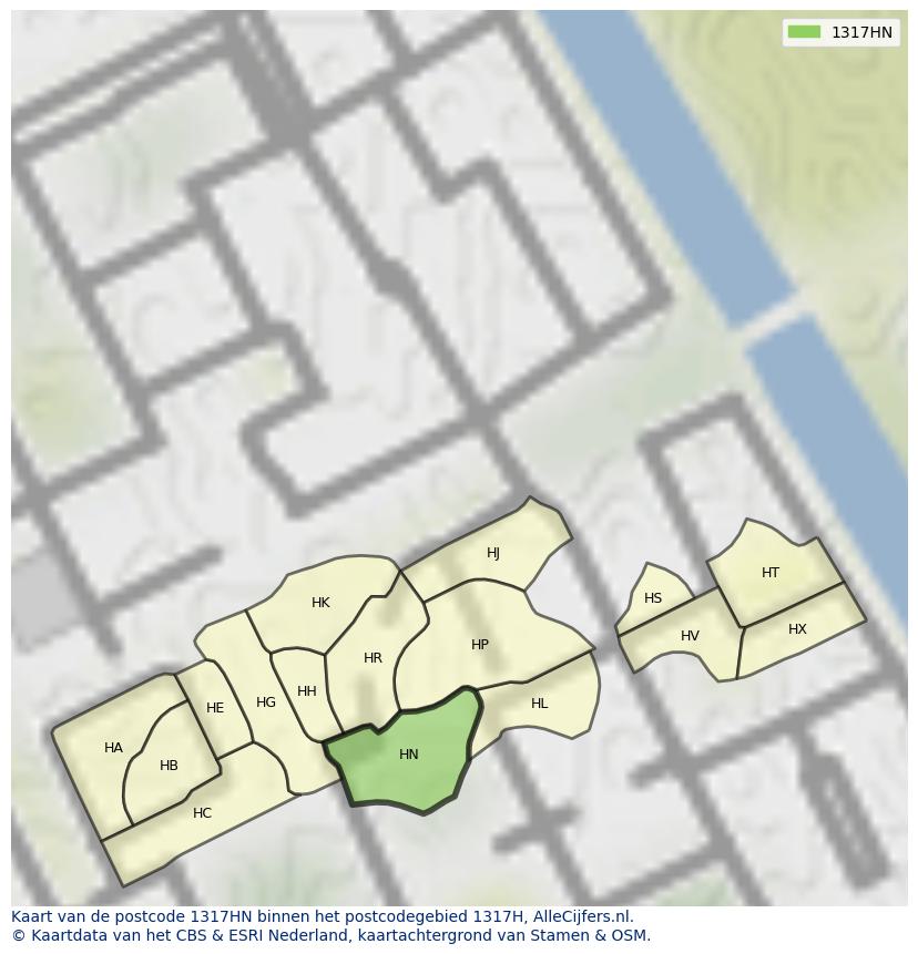 Afbeelding van het postcodegebied 1317 HN op de kaart.