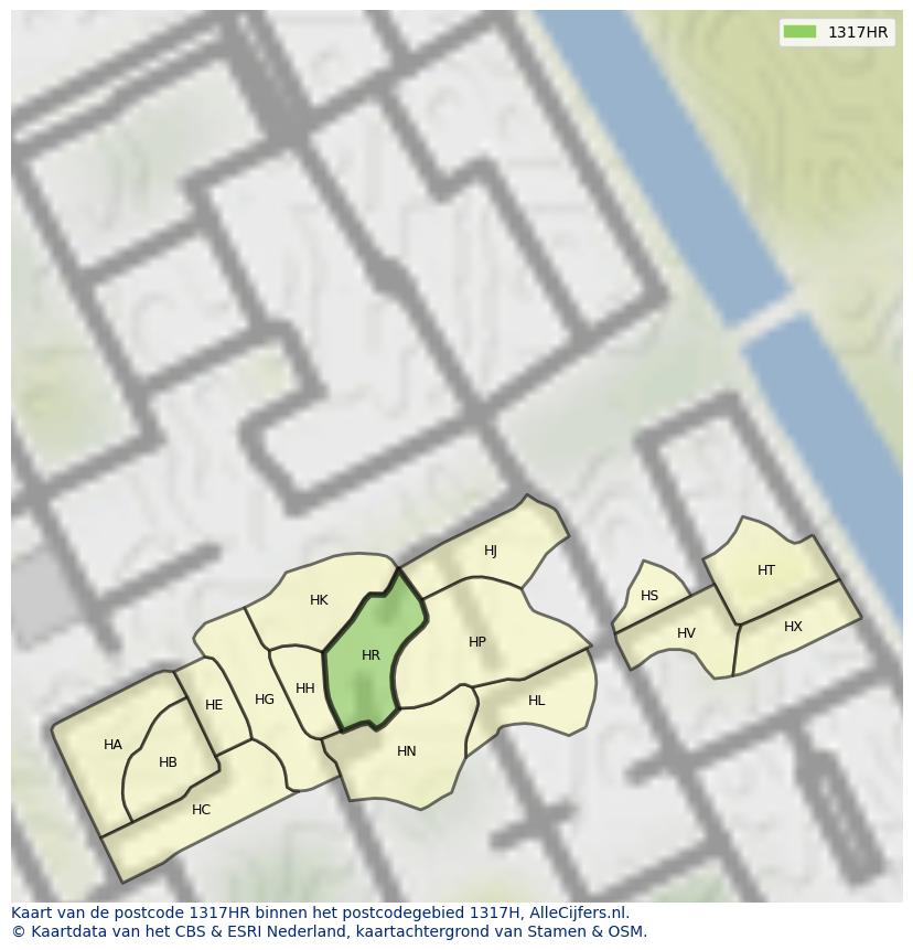 Afbeelding van het postcodegebied 1317 HR op de kaart.