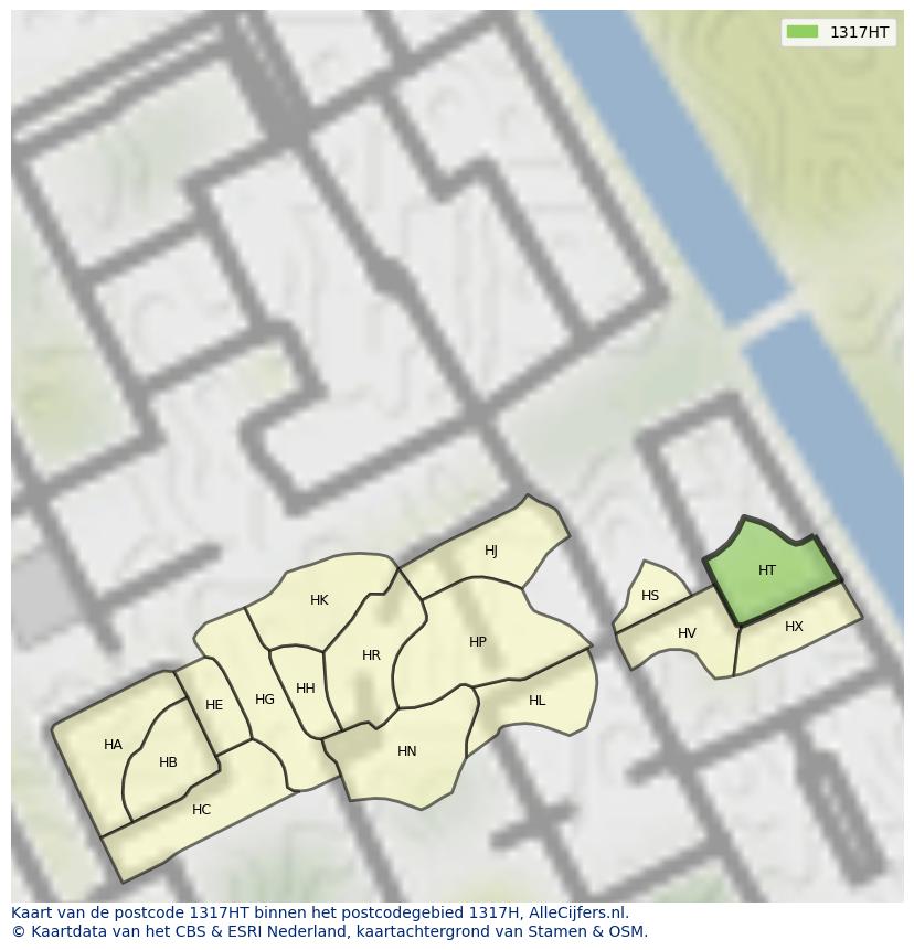 Afbeelding van het postcodegebied 1317 HT op de kaart.
