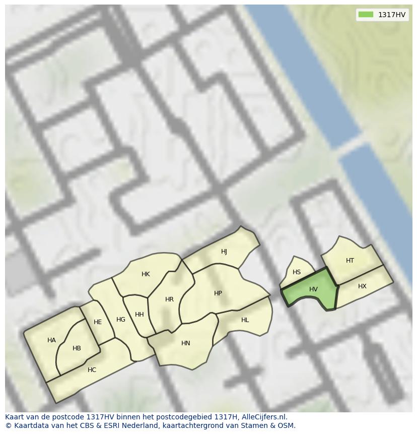 Afbeelding van het postcodegebied 1317 HV op de kaart.