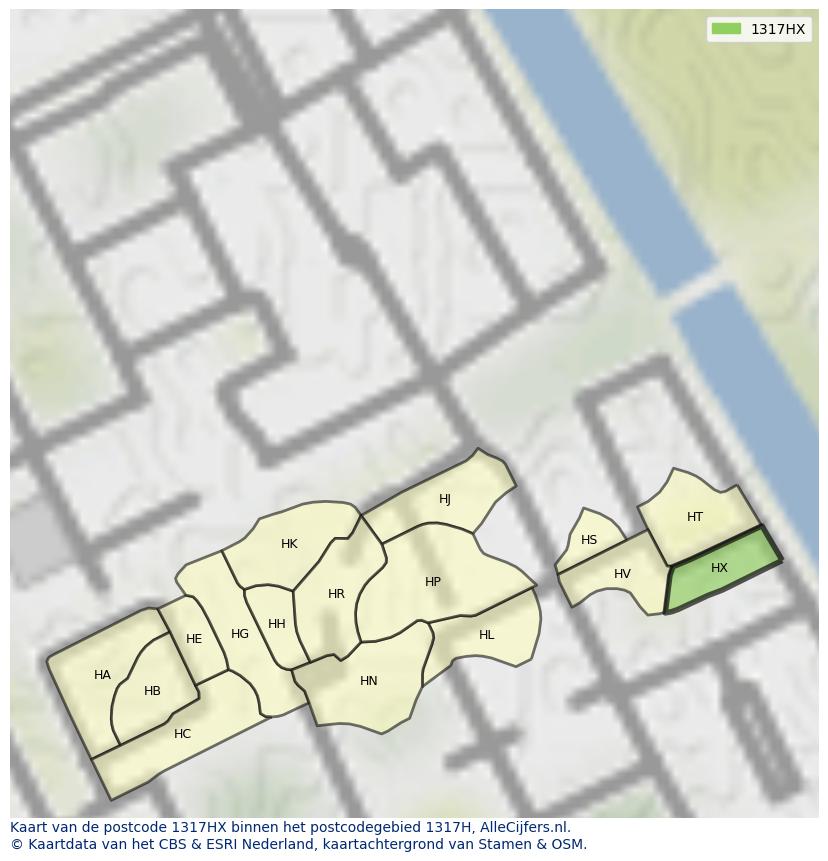 Afbeelding van het postcodegebied 1317 HX op de kaart.