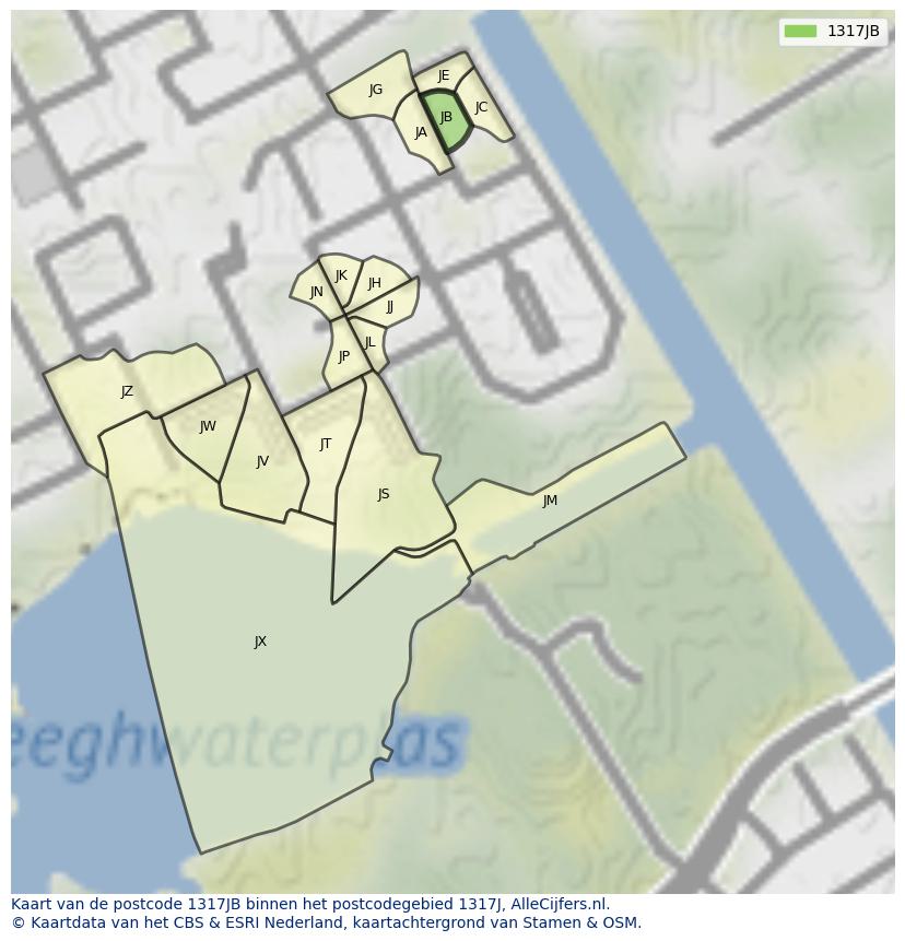 Afbeelding van het postcodegebied 1317 JB op de kaart.