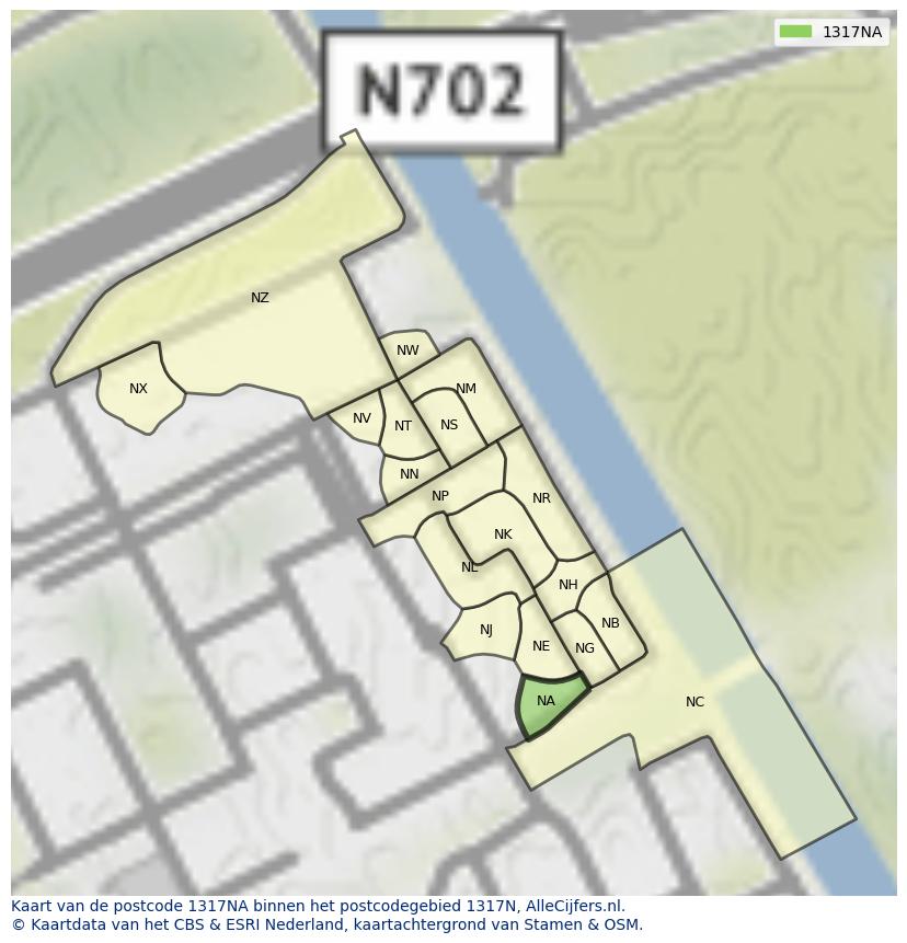 Afbeelding van het postcodegebied 1317 NA op de kaart.