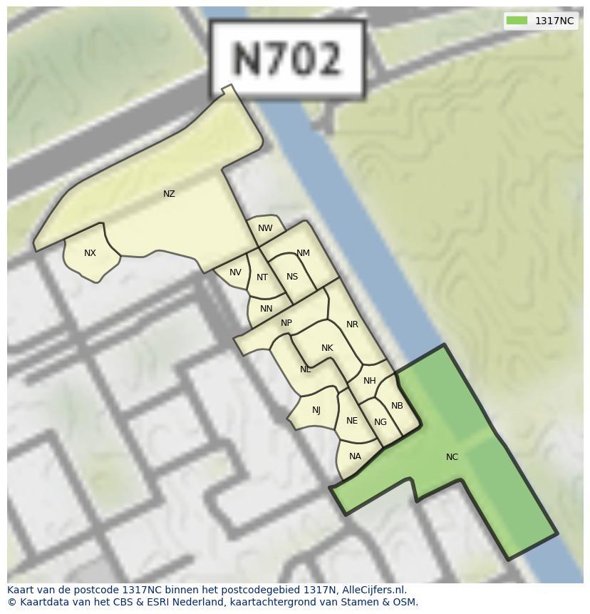 Afbeelding van het postcodegebied 1317 NC op de kaart.