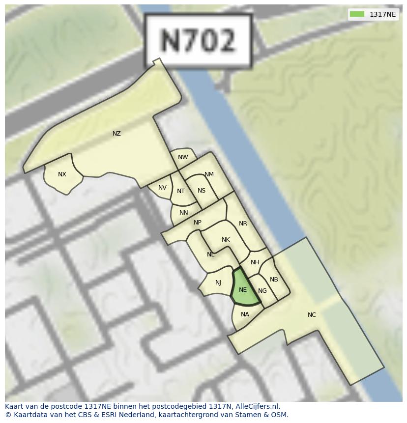 Afbeelding van het postcodegebied 1317 NE op de kaart.