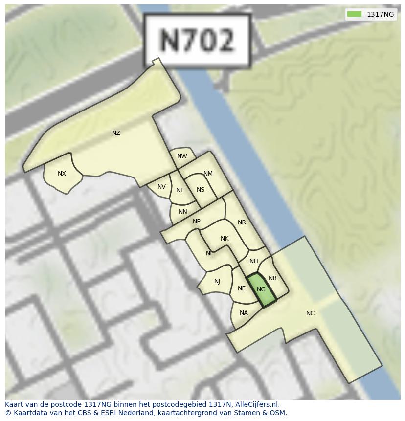 Afbeelding van het postcodegebied 1317 NG op de kaart.