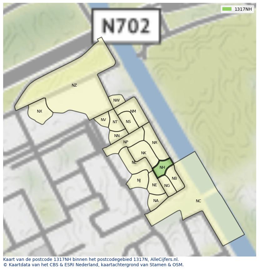 Afbeelding van het postcodegebied 1317 NH op de kaart.