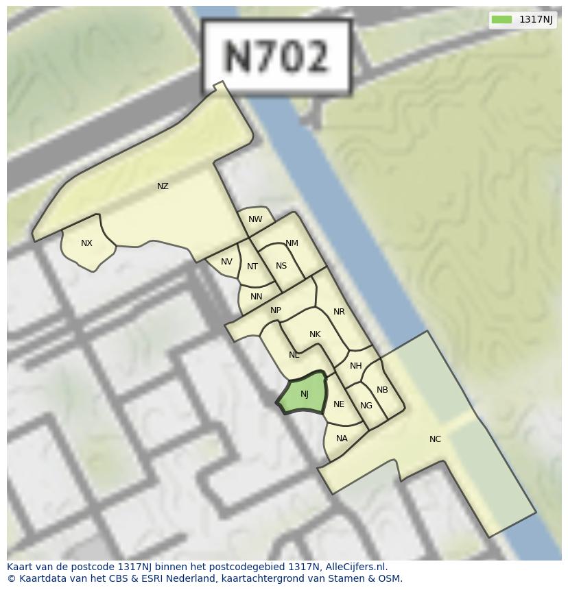 Afbeelding van het postcodegebied 1317 NJ op de kaart.