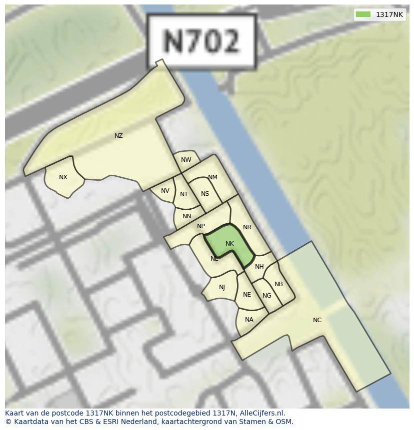 Afbeelding van het postcodegebied 1317 NK op de kaart.