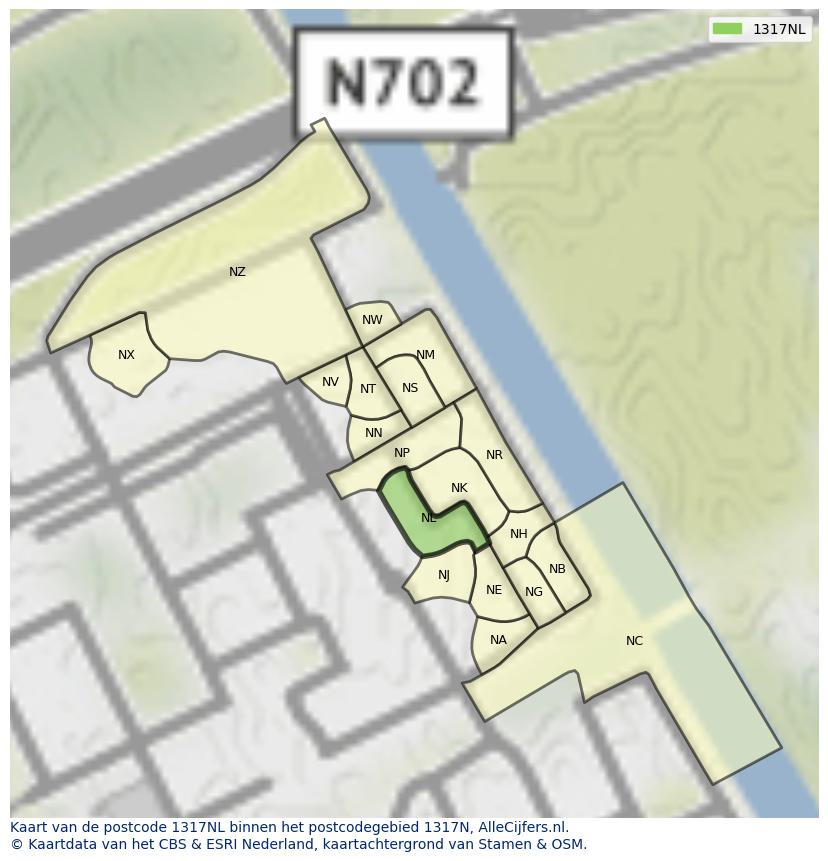 Afbeelding van het postcodegebied 1317 NL op de kaart.