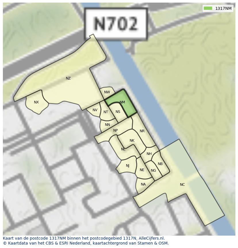 Afbeelding van het postcodegebied 1317 NM op de kaart.
