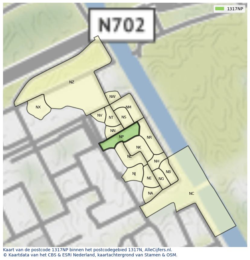 Afbeelding van het postcodegebied 1317 NP op de kaart.