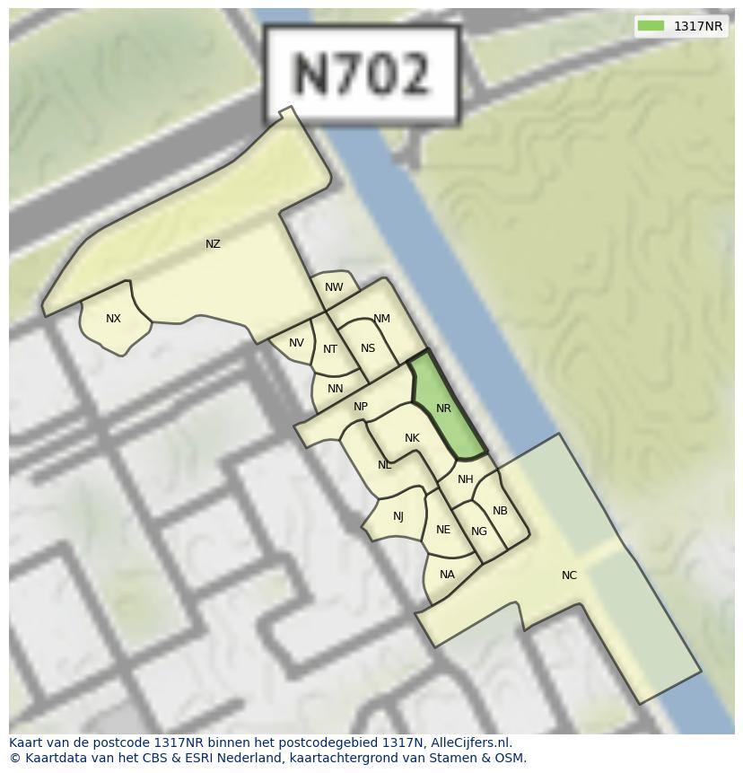 Afbeelding van het postcodegebied 1317 NR op de kaart.