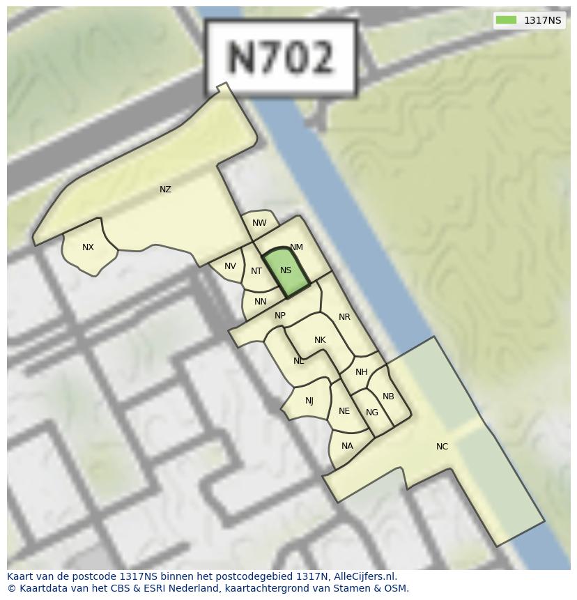 Afbeelding van het postcodegebied 1317 NS op de kaart.
