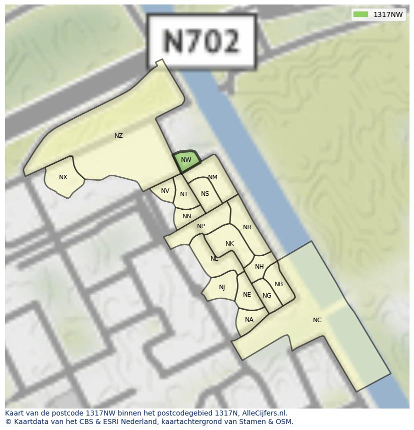 Afbeelding van het postcodegebied 1317 NW op de kaart.