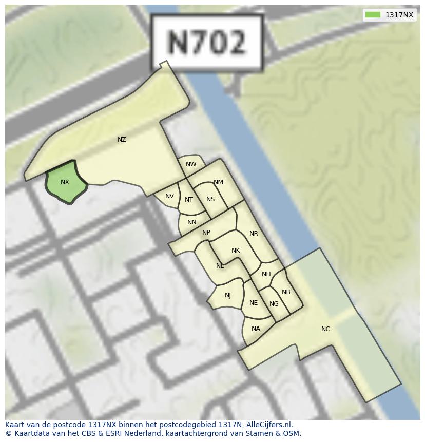 Afbeelding van het postcodegebied 1317 NX op de kaart.