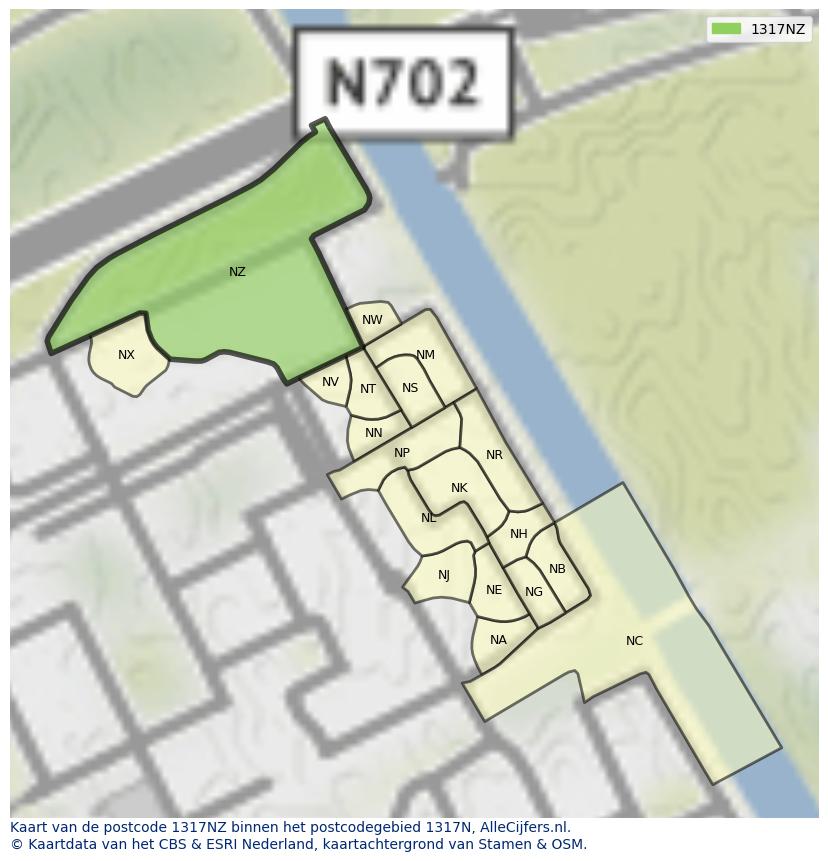 Afbeelding van het postcodegebied 1317 NZ op de kaart.