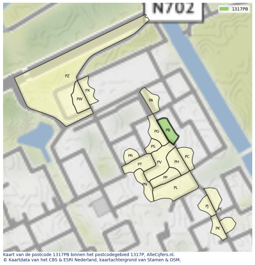 Afbeelding van het postcodegebied 1317 PB op de kaart.