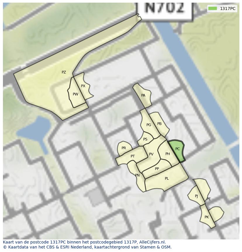 Afbeelding van het postcodegebied 1317 PC op de kaart.