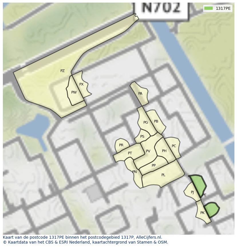 Afbeelding van het postcodegebied 1317 PE op de kaart.