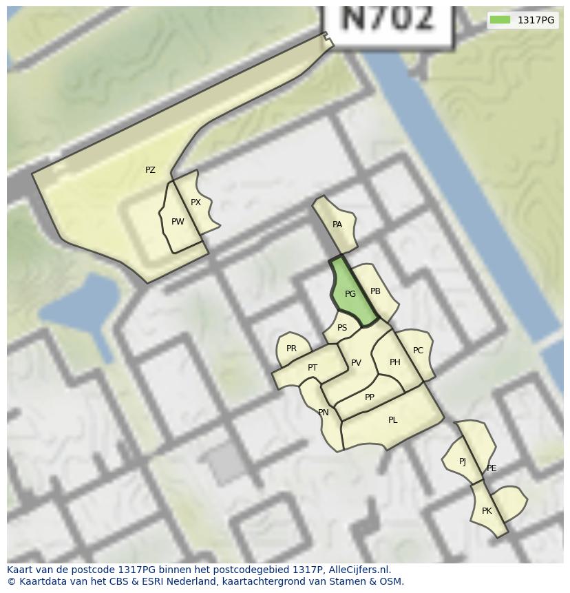 Afbeelding van het postcodegebied 1317 PG op de kaart.