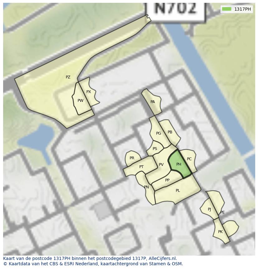 Afbeelding van het postcodegebied 1317 PH op de kaart.