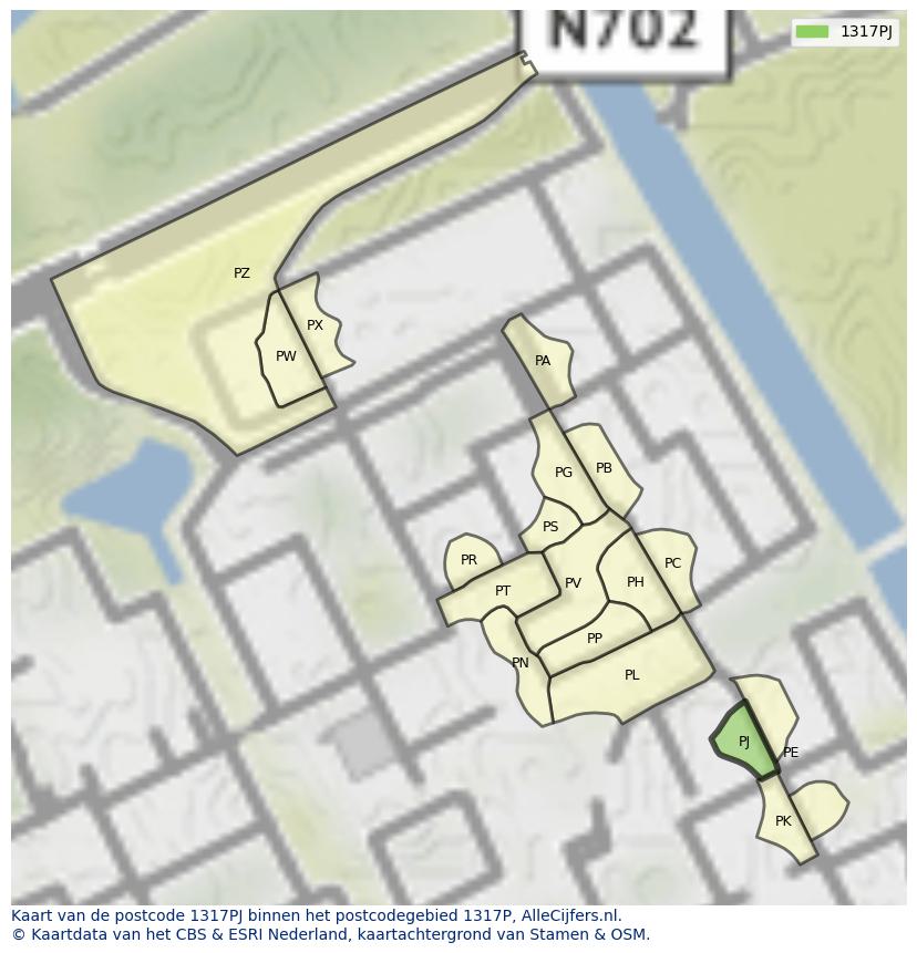 Afbeelding van het postcodegebied 1317 PJ op de kaart.