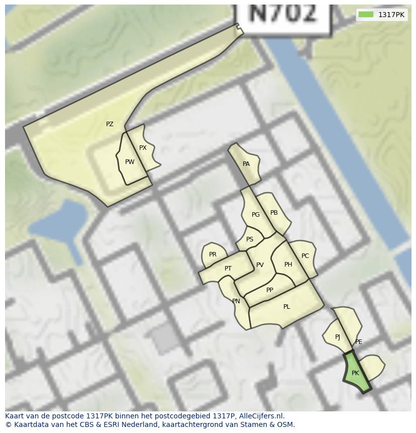 Afbeelding van het postcodegebied 1317 PK op de kaart.