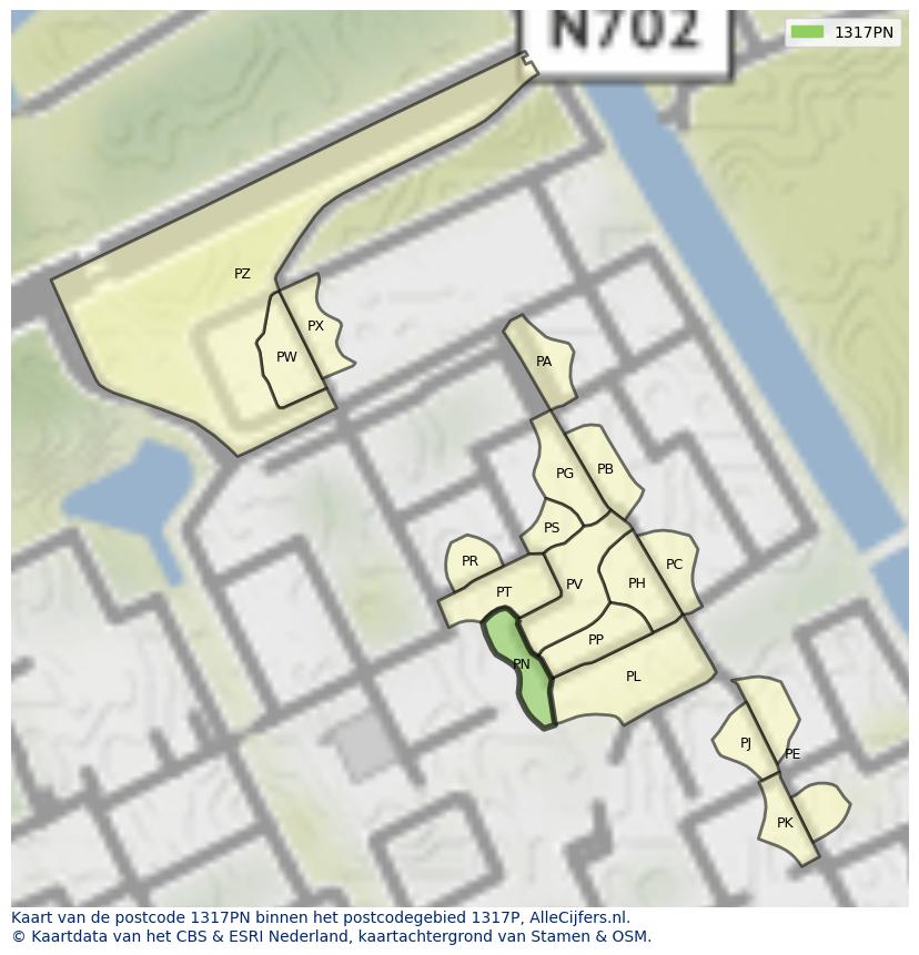 Afbeelding van het postcodegebied 1317 PN op de kaart.
