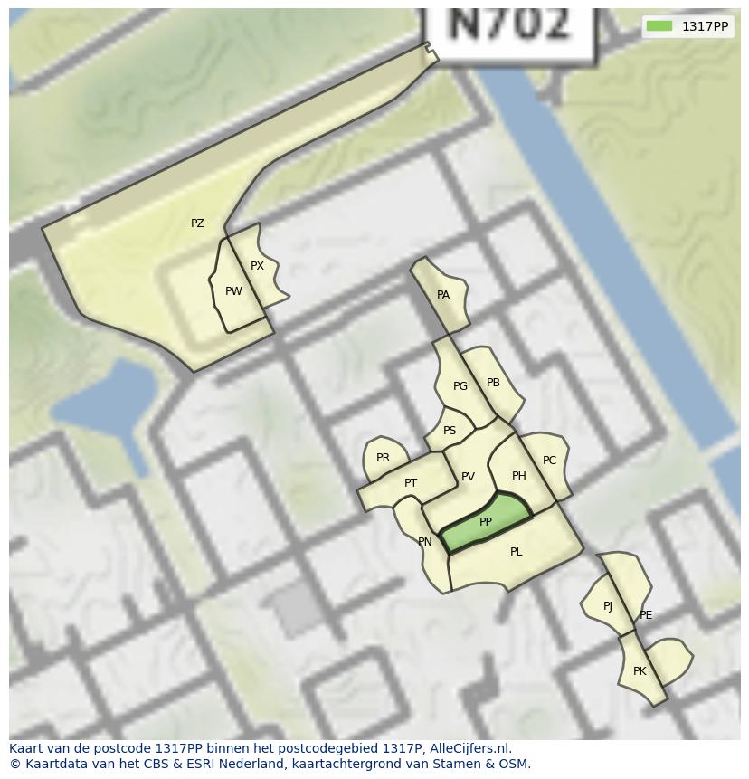 Afbeelding van het postcodegebied 1317 PP op de kaart.