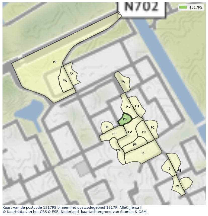 Afbeelding van het postcodegebied 1317 PS op de kaart.