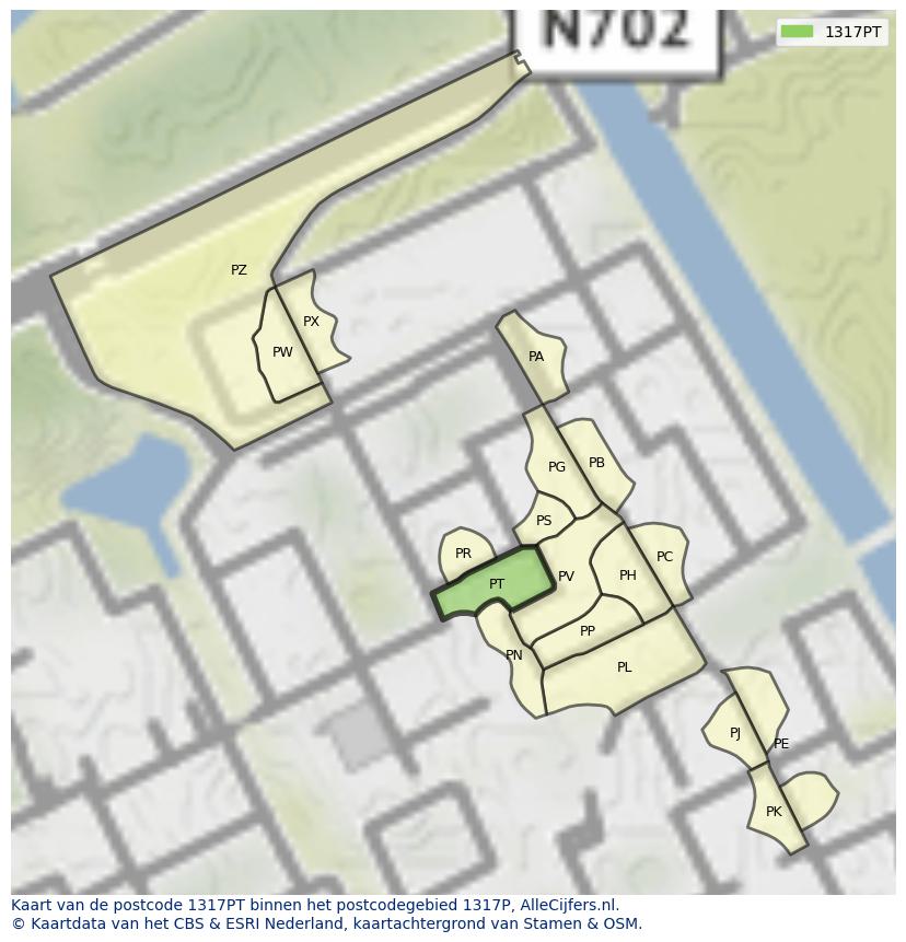 Afbeelding van het postcodegebied 1317 PT op de kaart.