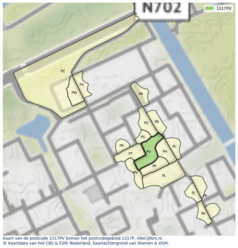 Afbeelding van het postcodegebied 1317 PV op de kaart.