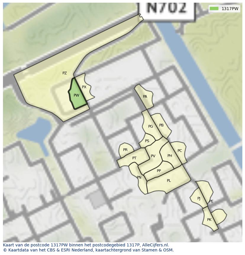 Afbeelding van het postcodegebied 1317 PW op de kaart.
