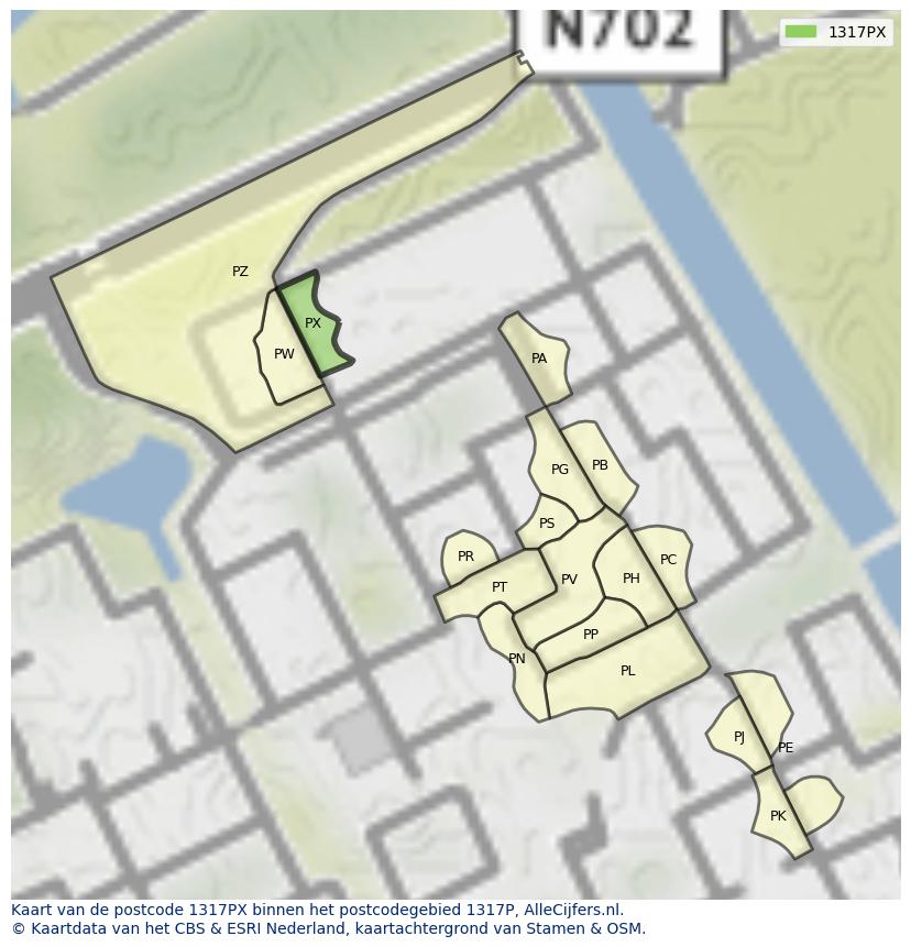 Afbeelding van het postcodegebied 1317 PX op de kaart.
