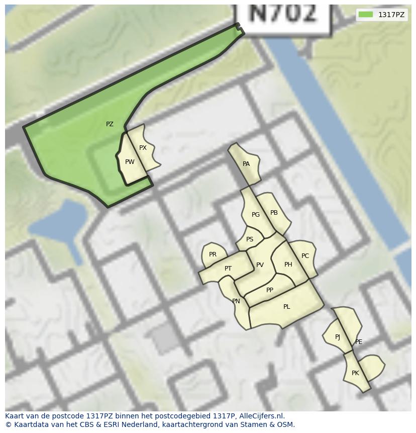 Afbeelding van het postcodegebied 1317 PZ op de kaart.