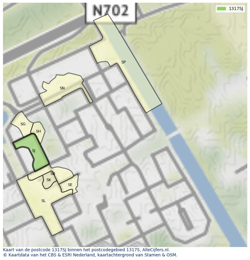 Afbeelding van het postcodegebied 1317 SJ op de kaart.