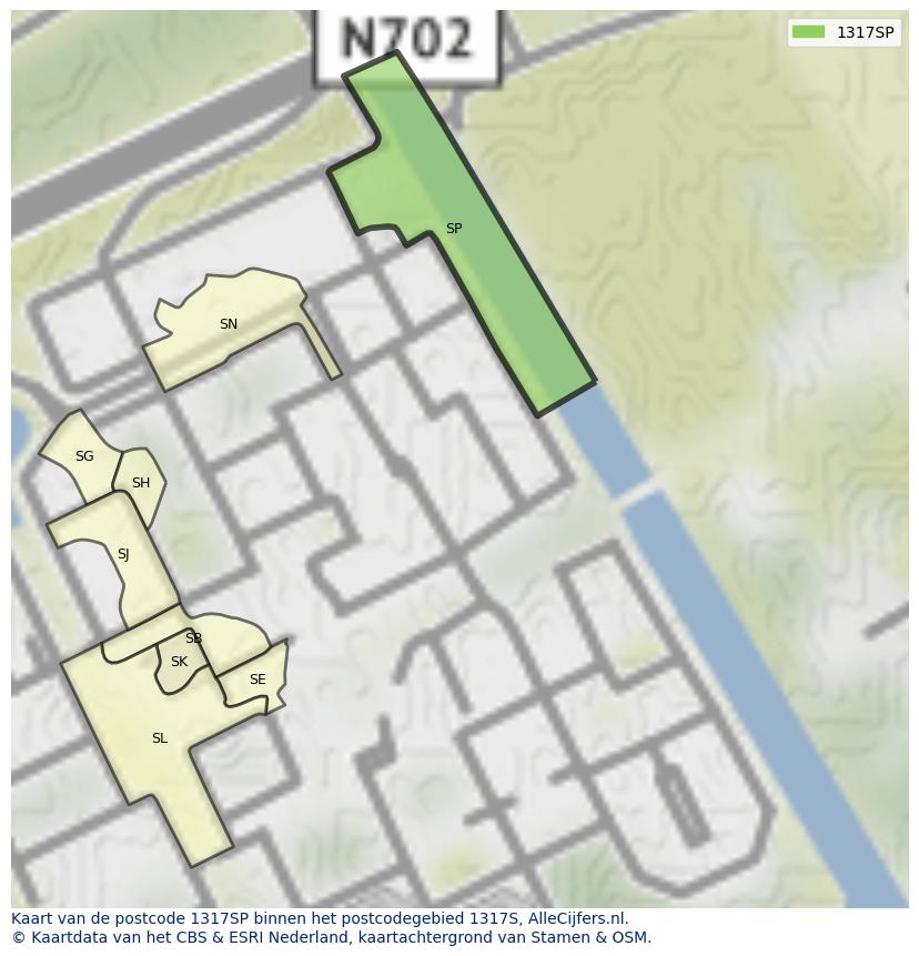 Afbeelding van het postcodegebied 1317 SP op de kaart.